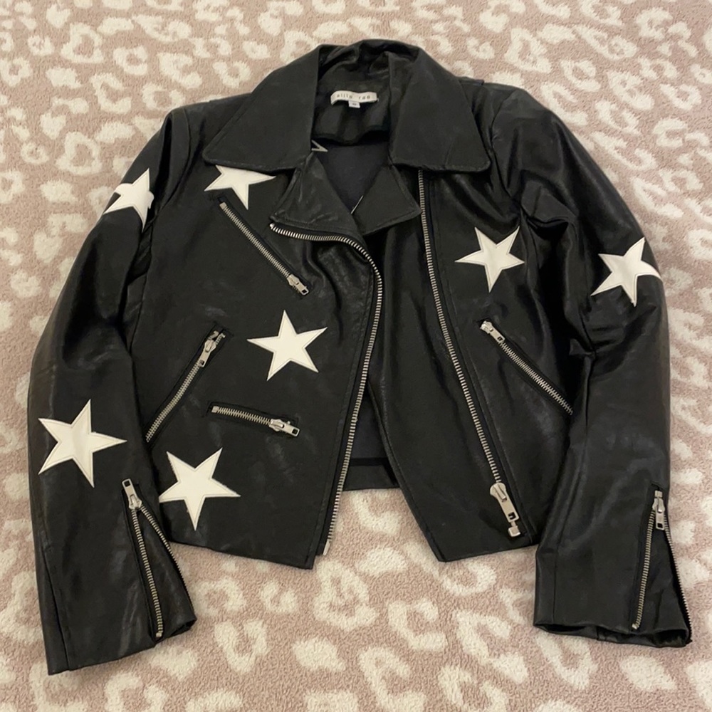 Faux Leather Black White Star Moto Jacket by Allie area Size Small